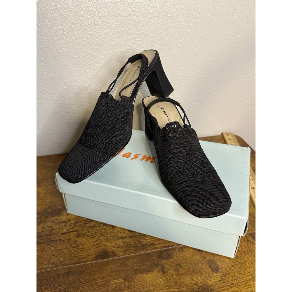 Jasmine East Women's Slip On Shoes Black Woven Fabric Strappy Heels Size‎ 7.5